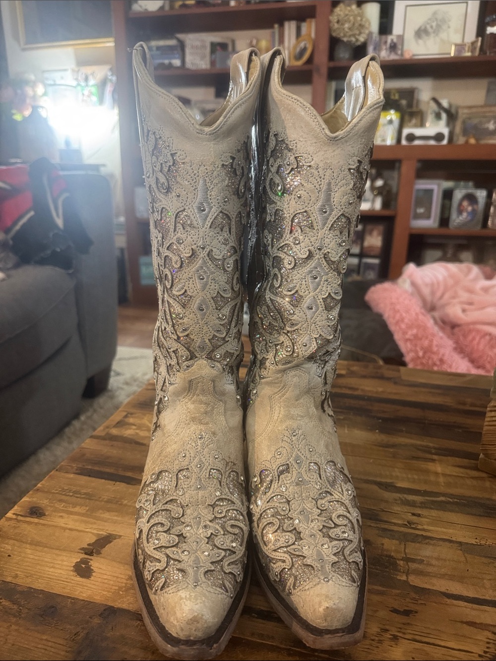 Women's Embellished Ivory Western Heeled Boots